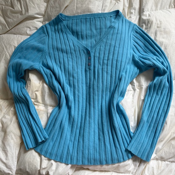 Blue V-Neck Ribbed Stripe Button Sweater - Picture 5 of 7